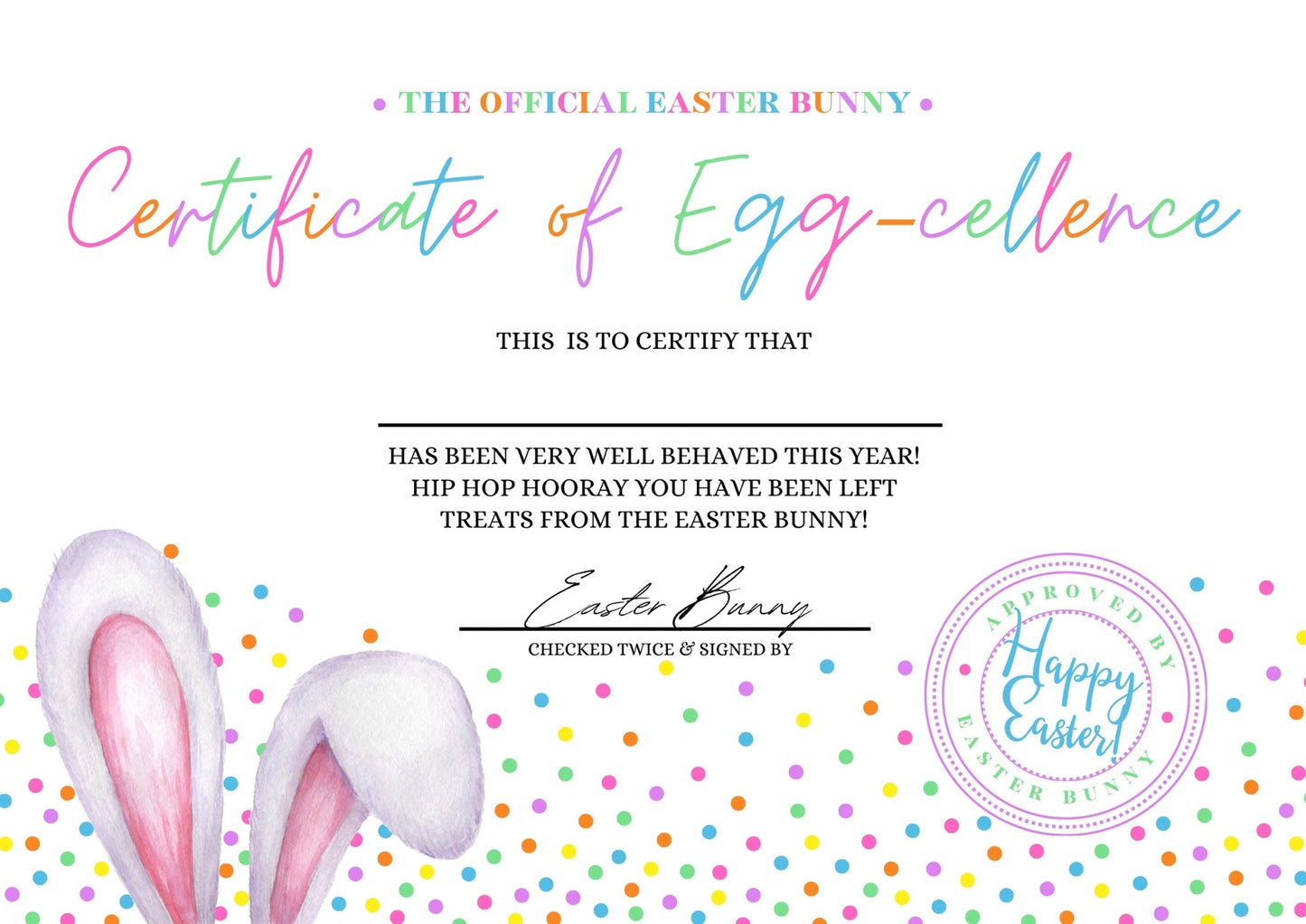 Easter bunny certificate DIGITAL DOWNLOAD